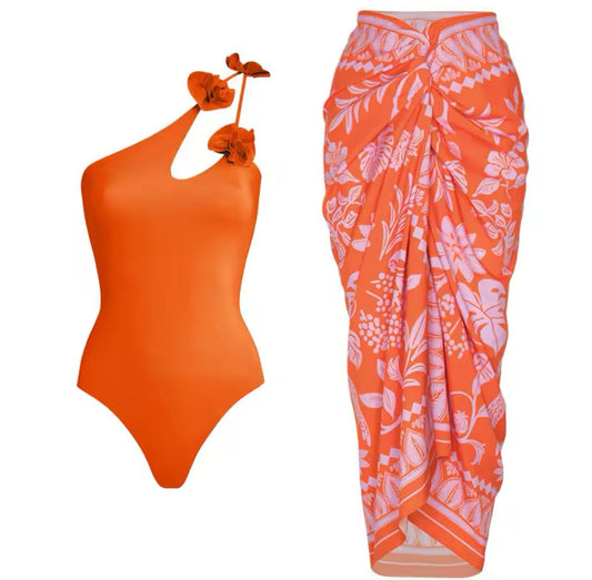 Floral Orange Swimsuit Set